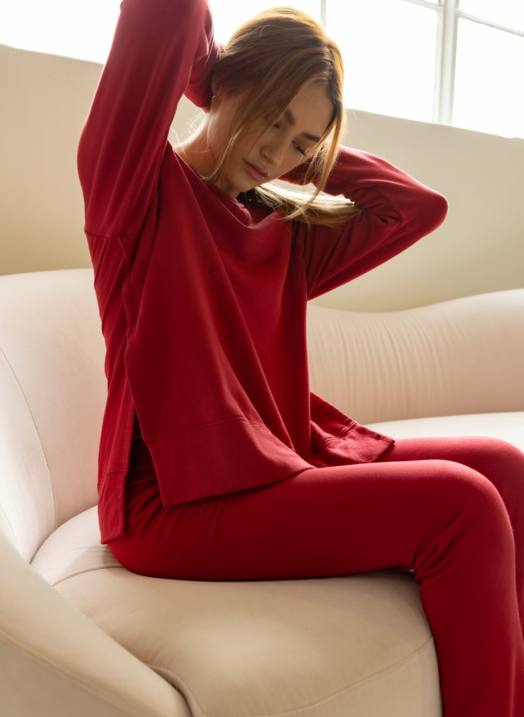 Softest Fleece Raglan Side Slit Sweatshirt in Brick