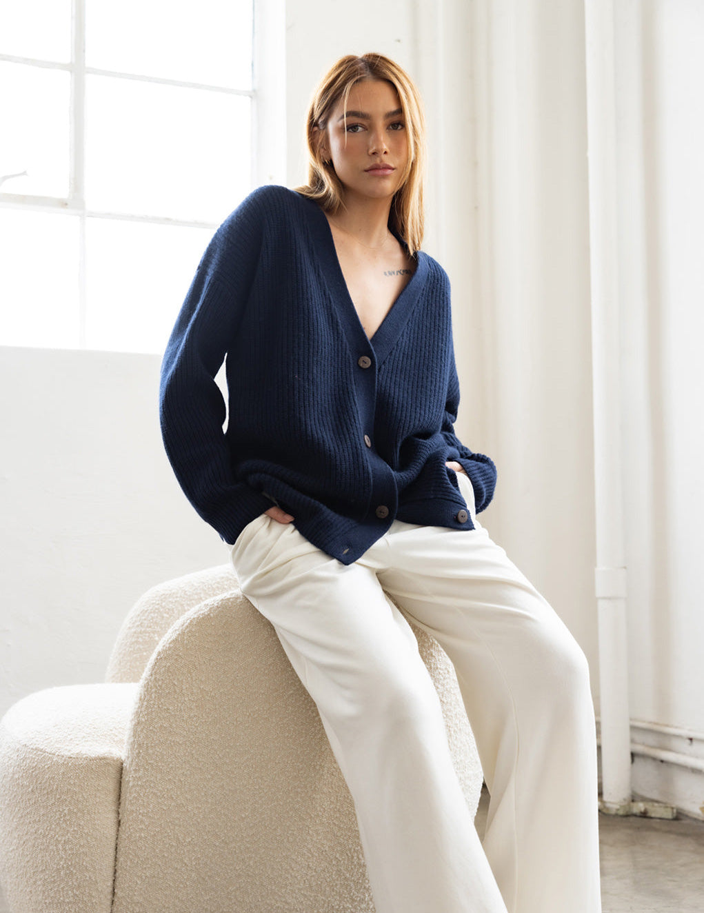 Ribbed Cashmere Oversized Cardigan Sweater in New Navy