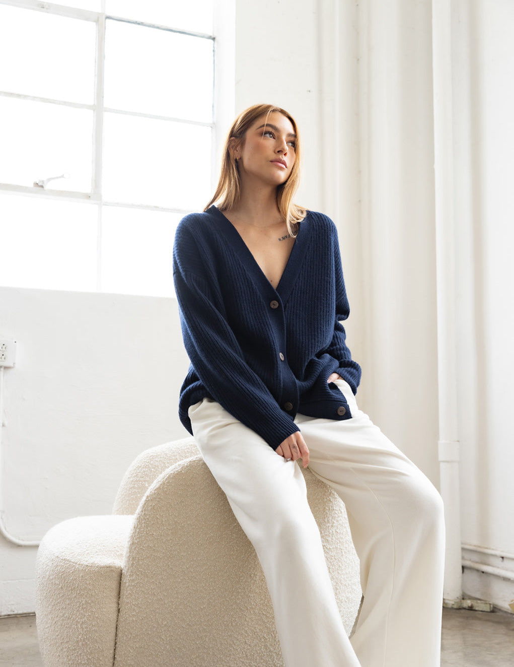 Ribbed Cashmere Oversized Cardigan Sweater in New Navy