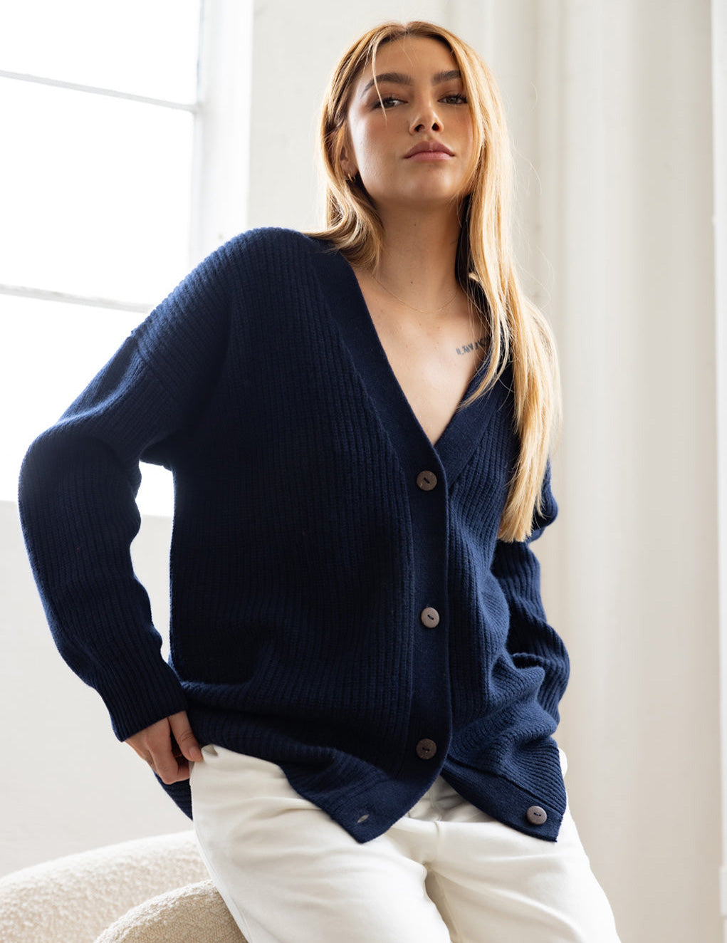 Ribbed Cashmere Oversized Cardigan Sweater in New Navy