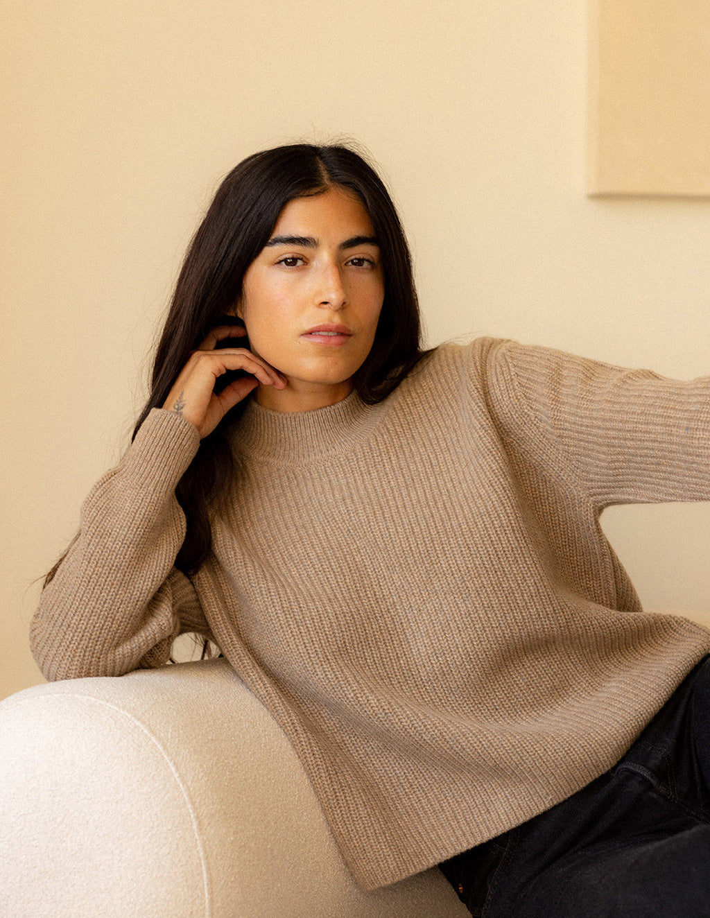 Brushed Cashmere Crew Sweater in Camel