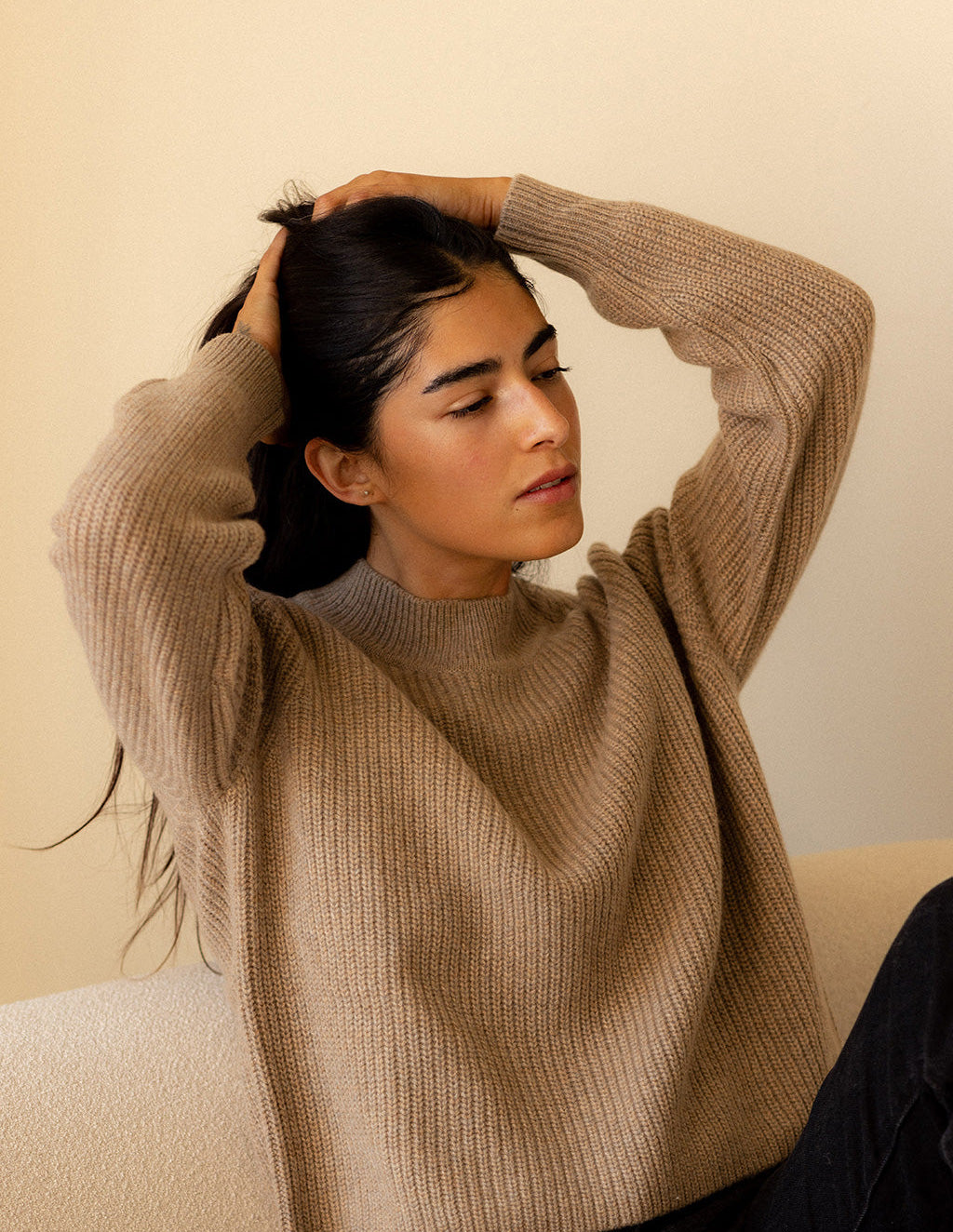 Brushed Cashmere Crew Sweater in Camel