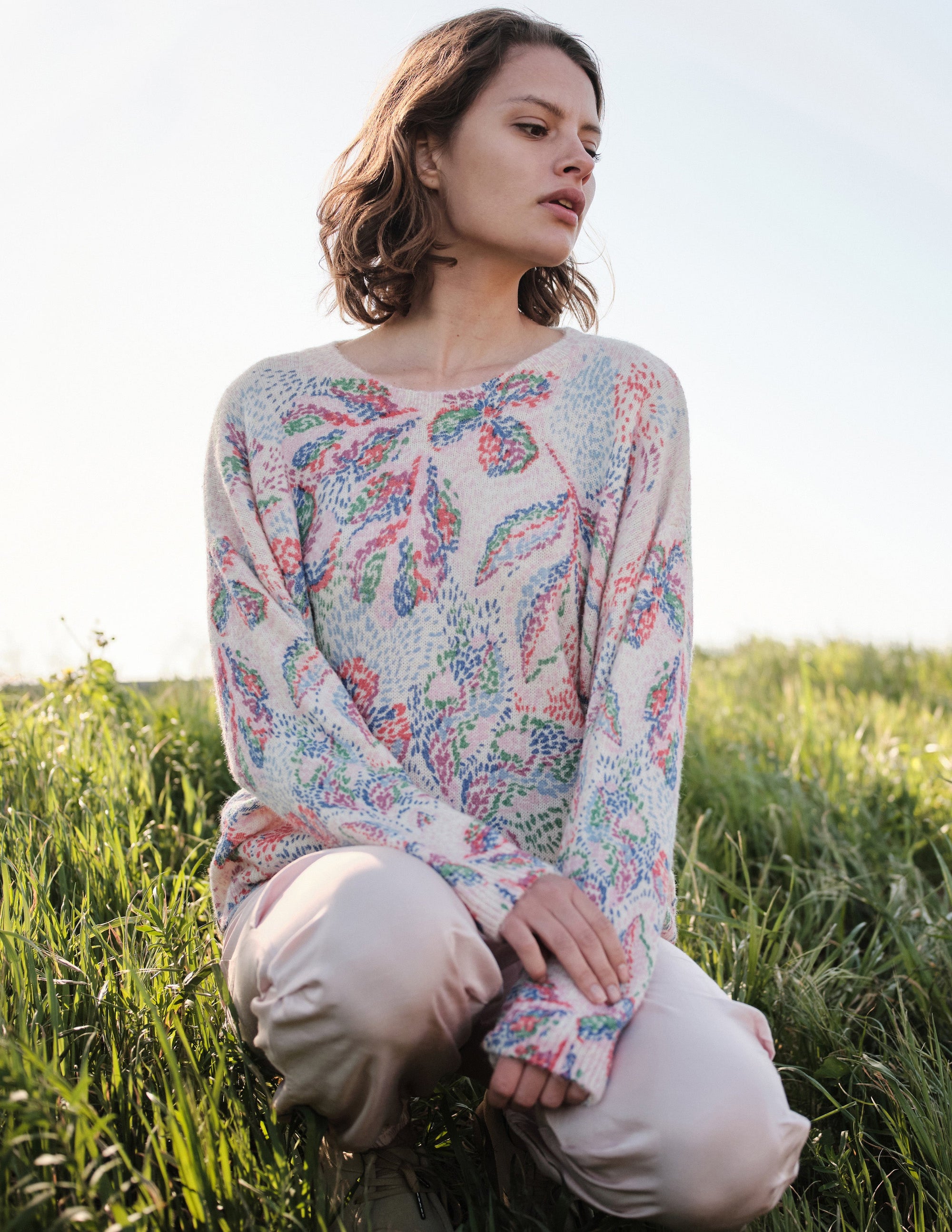 Floral Oversized Sweater In Oatmilk